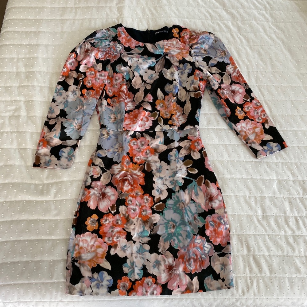 Zara floral satin effect puff-sleeve mini dress